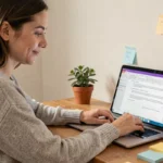 Jeune femme installant Microsoft Office sur un MacBook Pro dans un bureau à domicile moderne