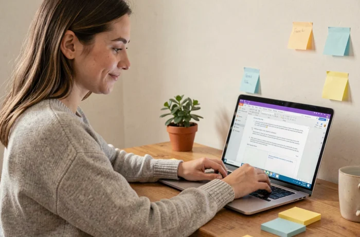 Jeune femme installant Microsoft Office sur un MacBook Pro dans un bureau à domicile moderne