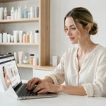Femme naviguant sur un site beauté depuis son bureau minimaliste avec des produits de soin en arrière-plan