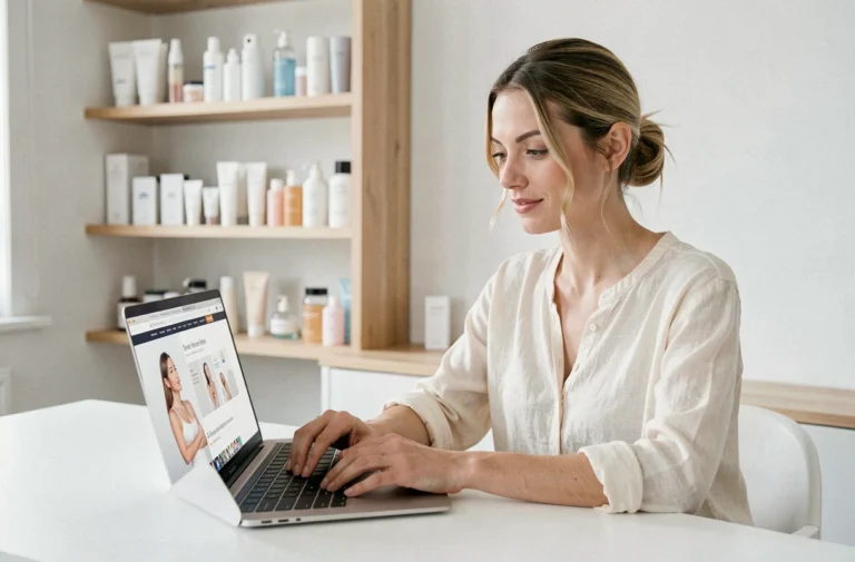 Femme naviguant sur un site beauté depuis son bureau minimaliste avec des produits de soin en arrière-plan