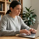 Femme méfiante devant son ordinateur portable scrutant une arnaque en ligne Faljam