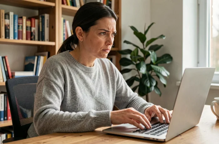 Femme méfiante devant son ordinateur portable scrutant une arnaque en ligne Faljam