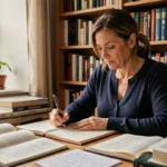 Femme qui écrit des règles d'orthographe dans un cahier entouré de livres de grammaire française sur un bureau en bois