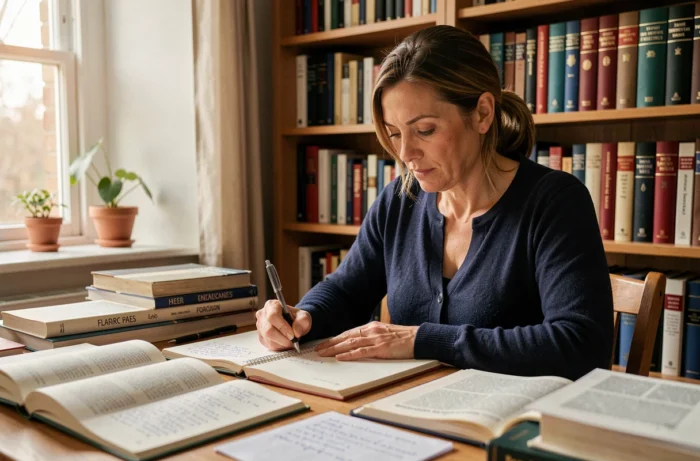 Femme qui écrit des règles d'orthographe dans un cahier entouré de livres de grammaire française sur un bureau en bois