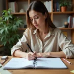 Femme concentrée écrivant sa liste de tâches dans un agenda papier sur un bureau en bois, méthode de planification quotidienne efficace