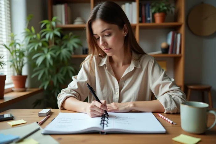 Femme concentrée écrivant sa liste de tâches dans un agenda papier sur un bureau en bois, méthode de planification quotidienne efficace