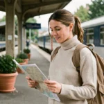 Femme consultant une carte sur un quai de train régional en France, voyage écoresponsable en transport en commun