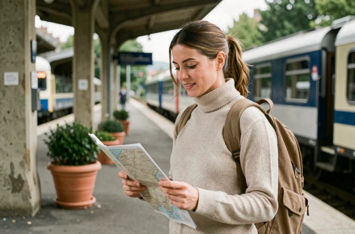Femme consultant une carte sur un quai de train régional en France, voyage écoresponsable en transport en commun