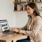 Femme consultant des annonces immobilières sur un ordinateur portable dans un bureau à domicile moderne