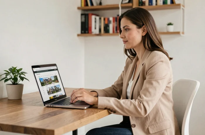 Femme consultant des annonces immobilières sur un ordinateur portable dans un bureau à domicile moderne