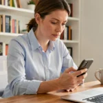 Femme utilisant son smartphone pour rechercher un professionnel via un annuaire téléphonique comme le 118 712