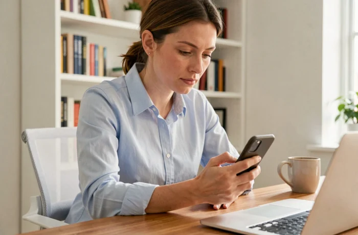 Femme utilisant son smartphone pour rechercher un professionnel via un annuaire téléphonique comme le 118 712