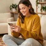 Jeune femme souriante qui envoie un message sur Snapchat avec un emoji cœur jaune sur son smartphone