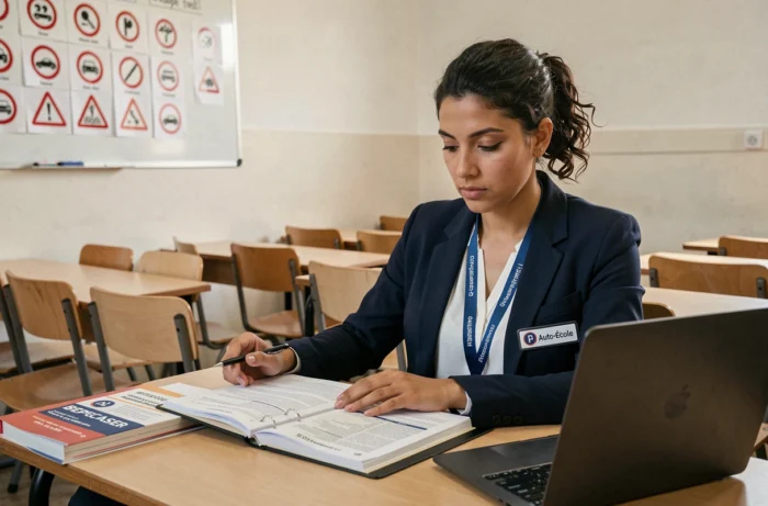 Future monitrice d'auto-école préparant le BEPECASER avec des documents officiels de formation