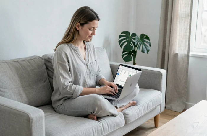 Une freelance française travaillant sur un outil de suivi de positionnement SEO depuis son domicile