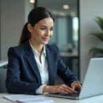Professionnelle gérant sa messagerie Mel2Web sur un ordinateur portable dans un bureau administratif moderne