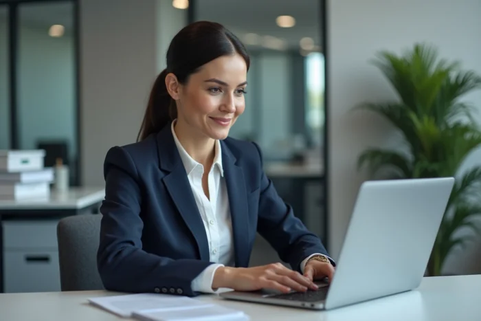 Professionnelle gérant sa messagerie Mel2Web sur un ordinateur portable dans un bureau administratif moderne
