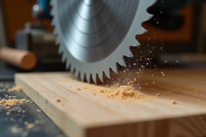 Gros plan sur la lame d'une scie circulaire réalisant une coupe en biseau dans une planche de bois avec sciure en suspension