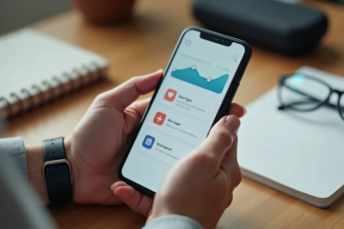 Gros plan de mains utilisant une application de gestion du diabète sur smartphone au bureau