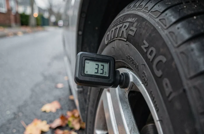 Gros plan sur un manomètre numérique affichant 2,3 bar sur la valve d'un pneu de Citroën C2