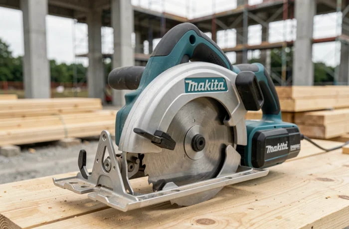 Gros plan sur la scie circulaire sans fil Makita DHS680Z posée sur un chantier de construction avec détails du plateau de coupe et de la batterie