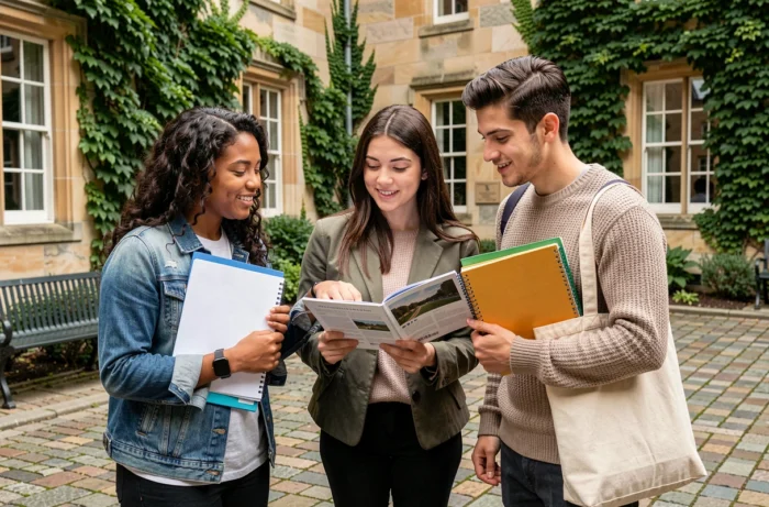 Groupe d'étudiants sur un campus universitaire consultant un guide d'admission après l'obtention d'un titre RNCP