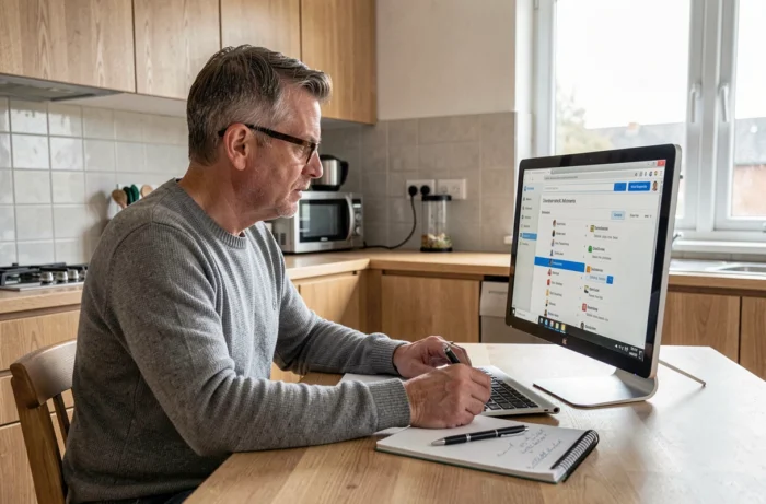 Homme consultant un annuaire en ligne comme le 118 712 sur ordinateur pour trouver un professionnel local