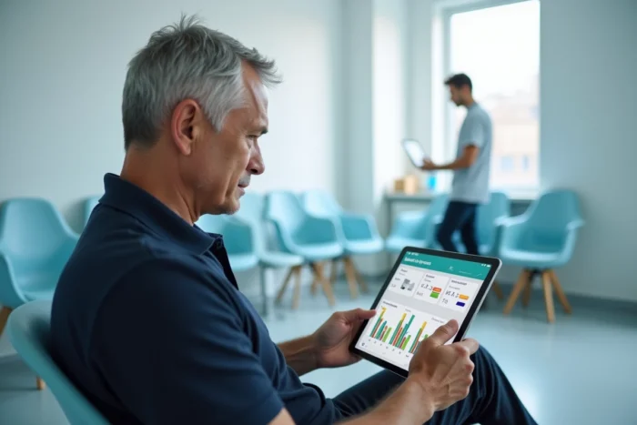 Homme diabétique consultant son application de santé sur tablette dans une salle d'attente médicale