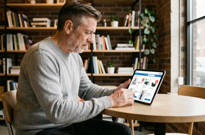 Homme consultant une plateforme d'avantages salariés sur une tablette dans un espace de coworking moderne