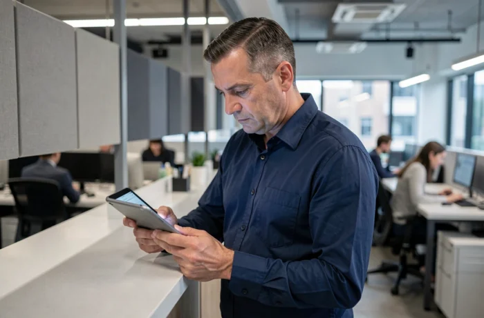 Homme lisant des avis sur une plateforme de formation en ligne sur une tablette dans un espace de coworking