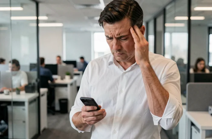 Homme au bureau inquiet face à une tentative d'arnaque Faljam sur son smartphone