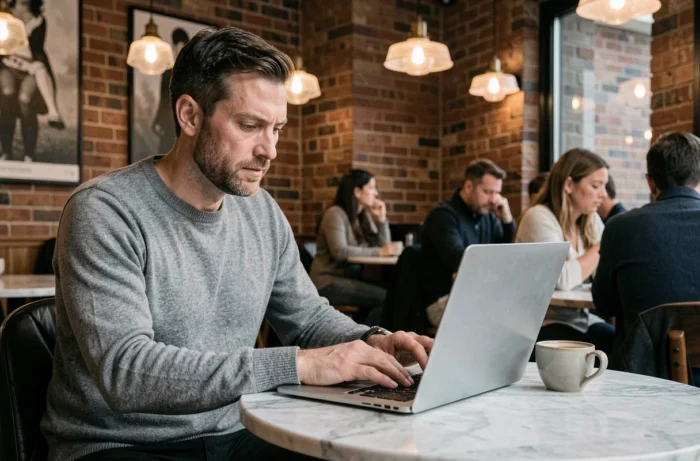 Homme lisant des analyses et informations essentielles sur un laptop dans un café urbain contemporain