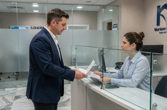 Homme remettant un document de changement d'adresse à un conseiller bancaire au guichet
