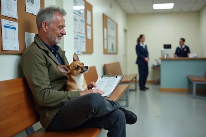 Homme consultant les dossiers d'adoption d'un petit chien dans un refuge en Gironde