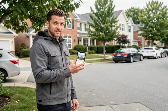 Homme devant une maison consultant l'application Direct Home sur smartphone dans un quartier résidentiel