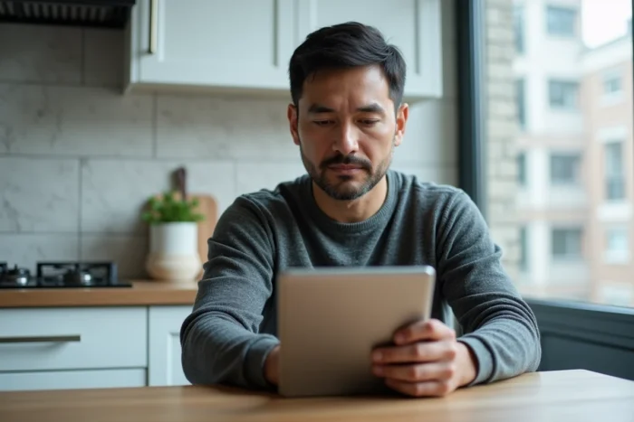 Homme consultant la plateforme Syplo sur une tablette pour accélérer sa demande de logement social depuis son appartement