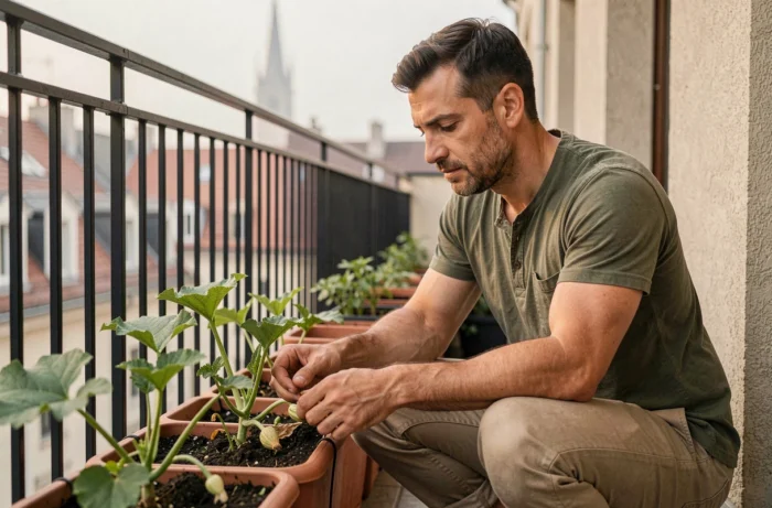 Homme inspectant des courgettes dans des jardinières auto-irrigantes sur un balcon étroit en ville