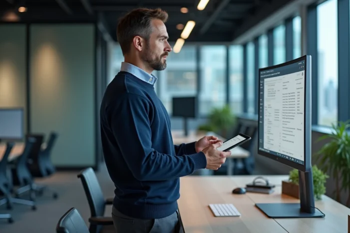 Homme debout devant un écran affichant un tableau de gestion des tâches dans un bureau moderne, planification numérique au travail