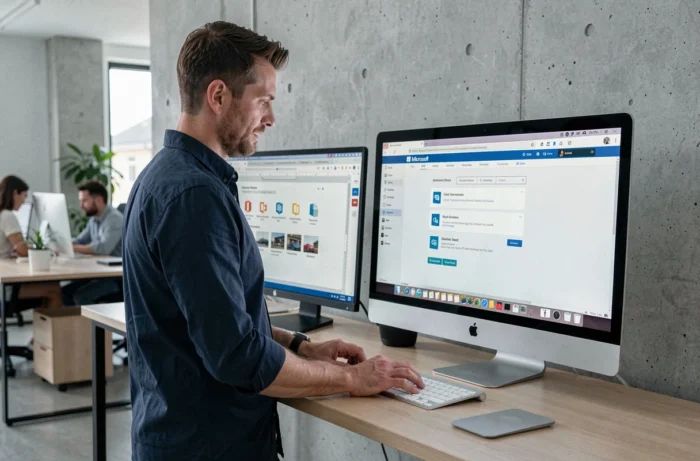 Homme professionnel téléchargeant Microsoft Office gratuitement sur un iMac dans un bureau moderne