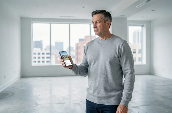 Homme visitant un appartement vide et consultant une application immobilière sur smartphone
