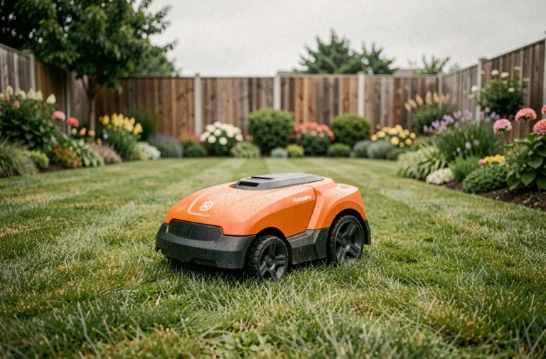 Robot tondeuse Husqvarna Automower 310 en action sur une pelouse résidentielle bien entretenue avec massifs de fleurs en arrière-plan