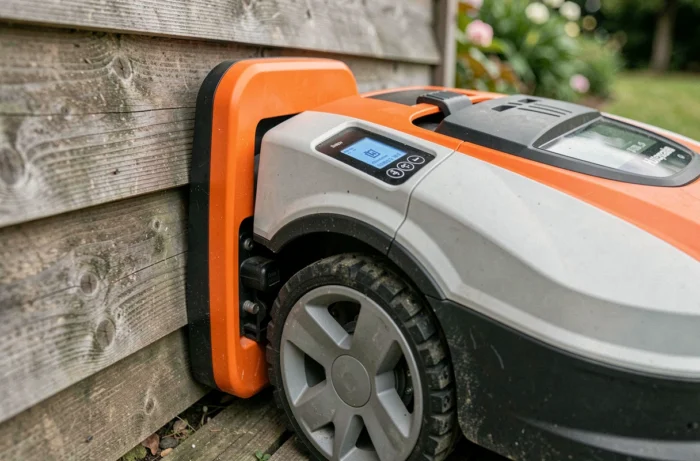 Station de charge du robot tondeuse Husqvarna Automower 310 installée contre un abri de jardin en bois avec panneau de contrôle visible