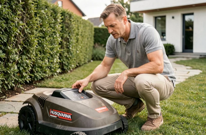Homme examinant le panneau de commande du robot tondeuse Husqvarna Automower 310 dans un jardin de maison individuelle
