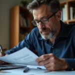 Homme examinant des documents administratifs liés à une immatriculation suspendue à son bureau