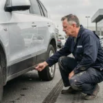 Mécanicien inspectant la carrosserie d'un SUV d'occasion dans un parc automobile