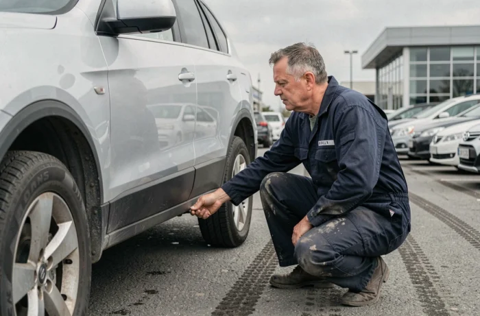 Mécanicien inspectant la carrosserie d'un SUV d'occasion dans un parc automobile