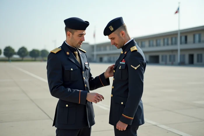 Deux soldats français en uniforme réglementaire complet inspectant la conformité de leur tenue sur le terrain d'un camp militaire