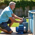 Homme installant une pompe à sable Intex sur le bord d'une piscine hors-sol dans un jardin