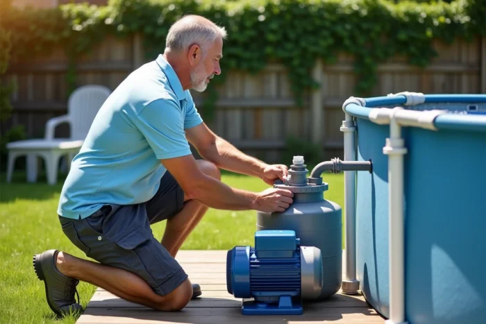 Homme installant une pompe à sable Intex sur le bord d'une piscine hors-sol dans un jardin