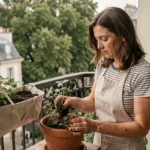 Femme qui repique des herbes aromatiques dans des pots en terre cuite sur un balcon urbain parisien